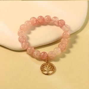 Pink Crystal Beaded Bracelet With Tree Of Life Shape Pendant.